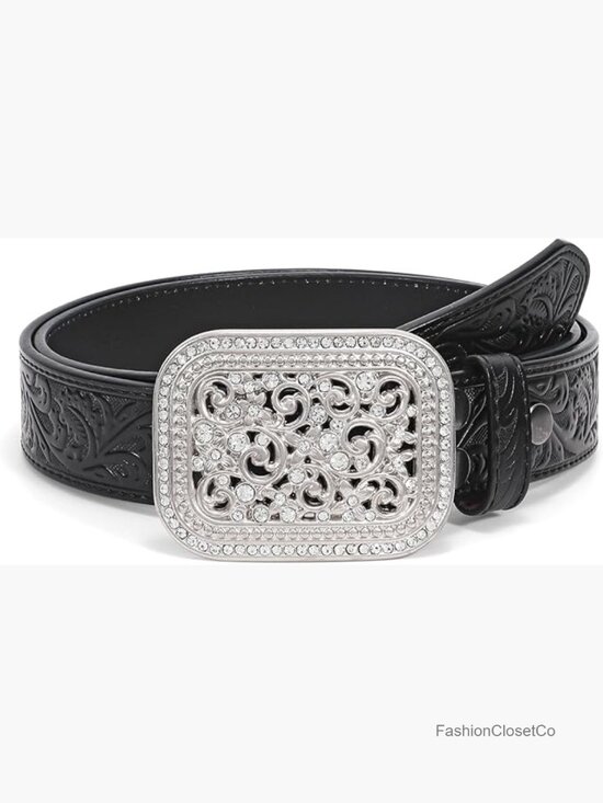 Genuine Leather Western Belt with Rhinestone Buckle